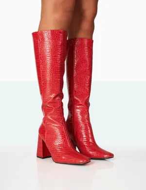 Apology Red Croc PU Knee High Block Heel Boots