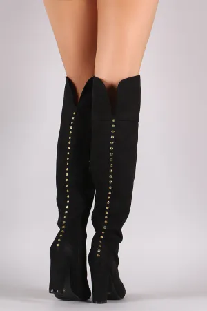 Bamboo Suede Studded Back Chunky Heeled Boots