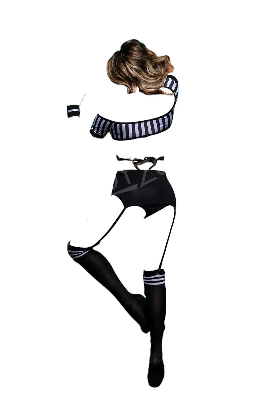 BodyZone Role Play Risque Referee 6 pc Top with Thong & Garter Bottom Costume Set Black/White