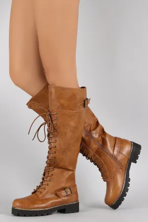 Buckled Combat Lace Up Lug Sole Knee High Boots