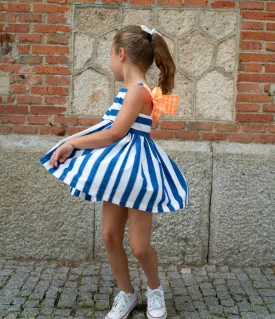 CLEARANCE SALE - El Copo Lililu SS24 - Girls Blue Stripe Dress with Neon Orange Detail