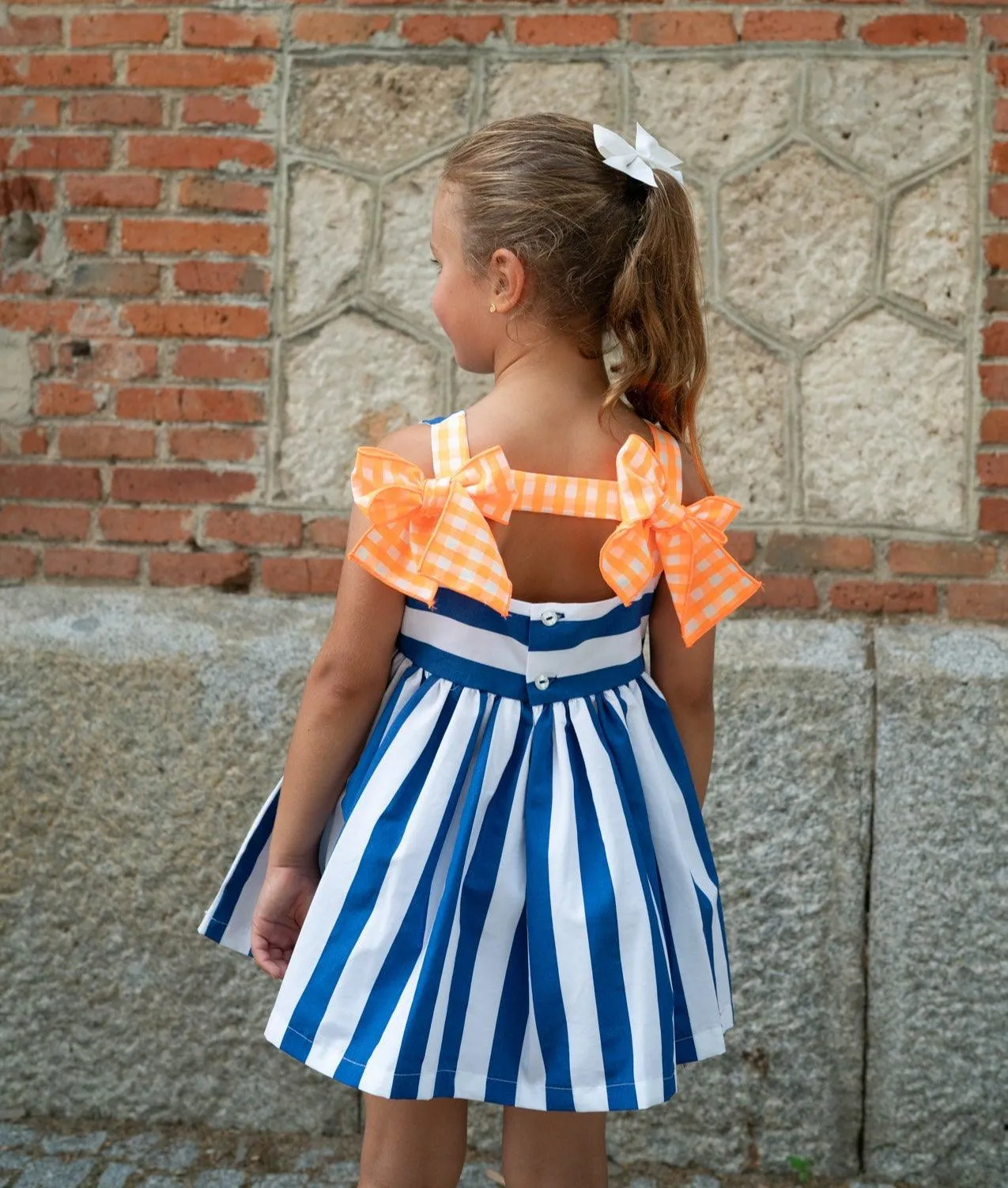 CLEARANCE SALE - El Copo Lililu SS24 - Girls Blue Stripe Dress with Neon Orange Detail