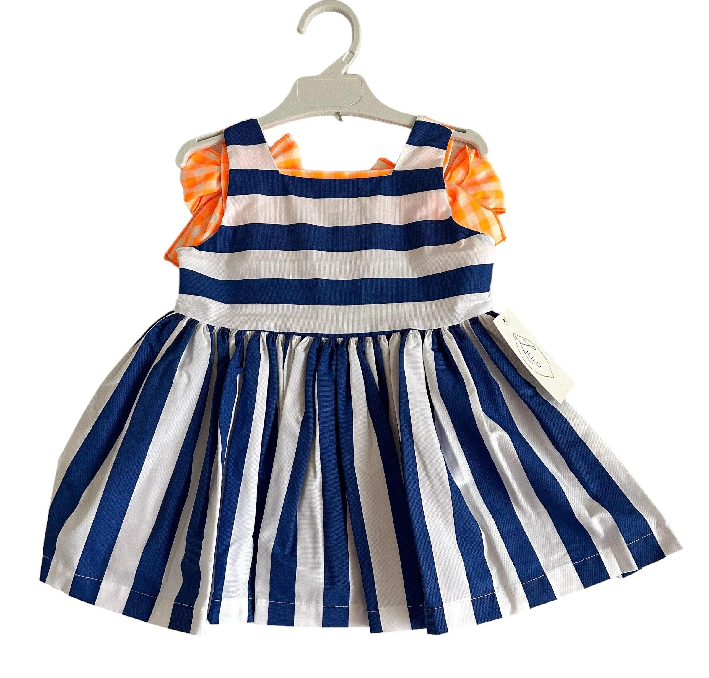 CLEARANCE SALE - El Copo Lililu SS24 - Girls Blue Stripe Dress with Neon Orange Detail