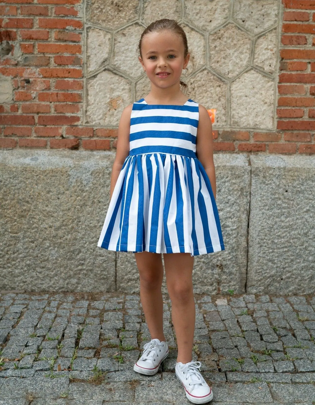 CLEARANCE SALE - El Copo Lililu SS24 - Girls Blue Stripe Dress with Neon Orange Detail