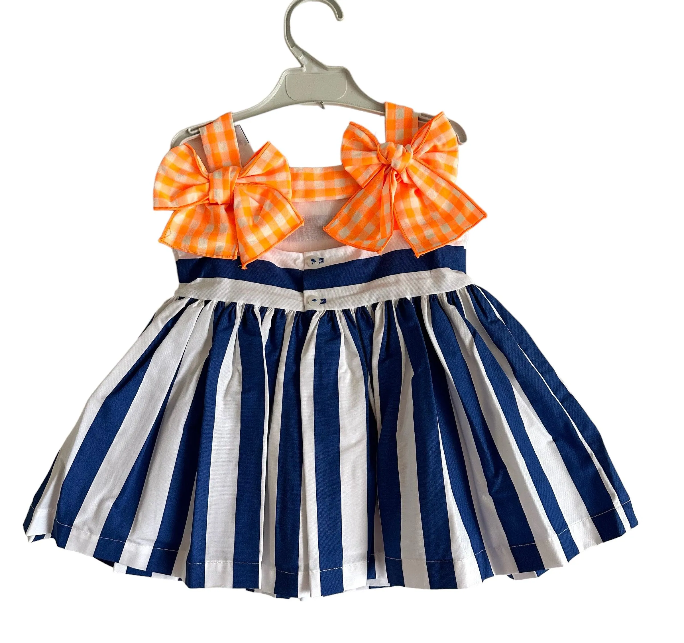 CLEARANCE SALE - El Copo Lililu SS24 - Girls Blue Stripe Dress with Neon Orange Detail