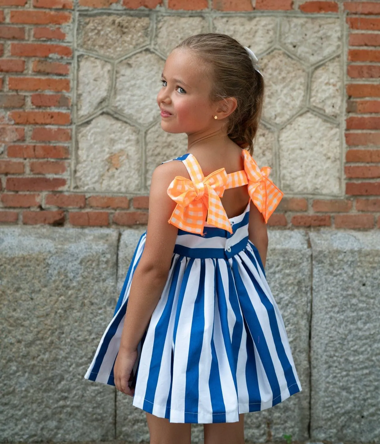 CLEARANCE SALE - El Copo Lililu SS24 - Girls Blue Stripe Dress with Neon Orange Detail