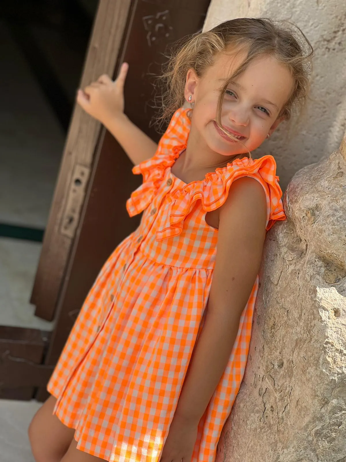 CLEARANCE SALE - El Copo Lililu SS24 - Girls Neon Orange Check Summer Dress