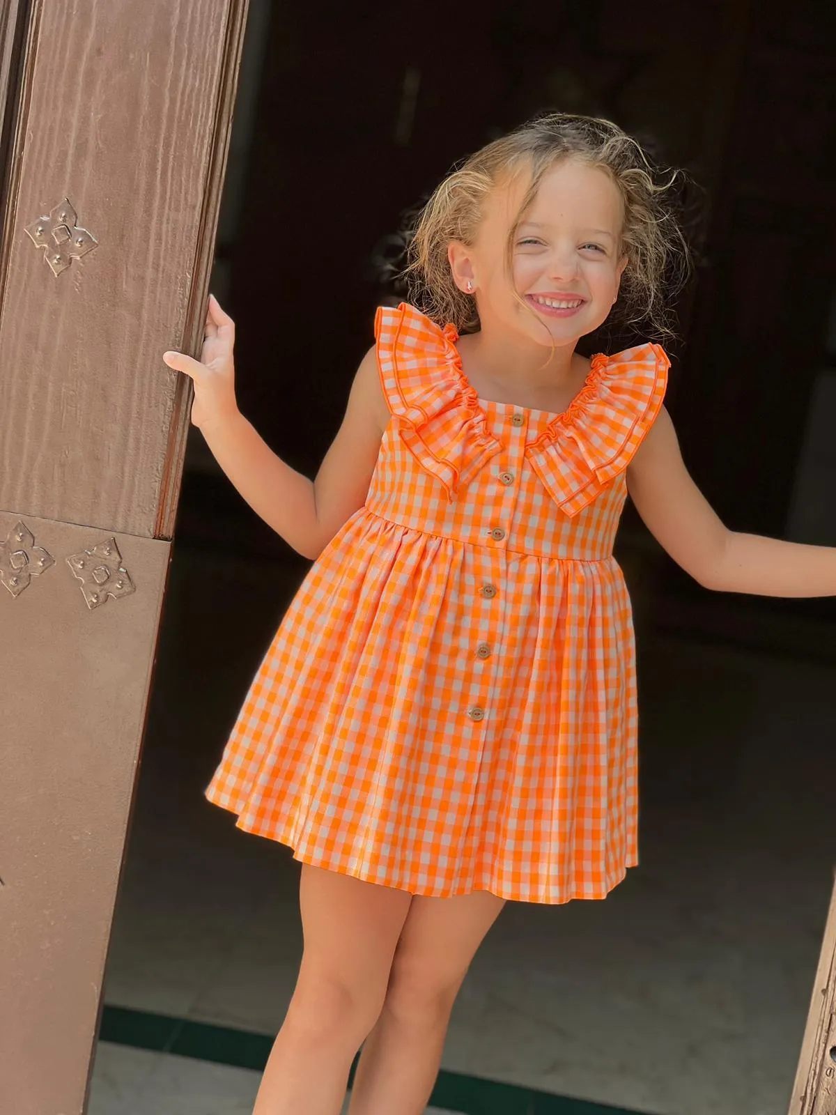 CLEARANCE SALE - El Copo Lililu SS24 - Girls Neon Orange Check Summer Dress