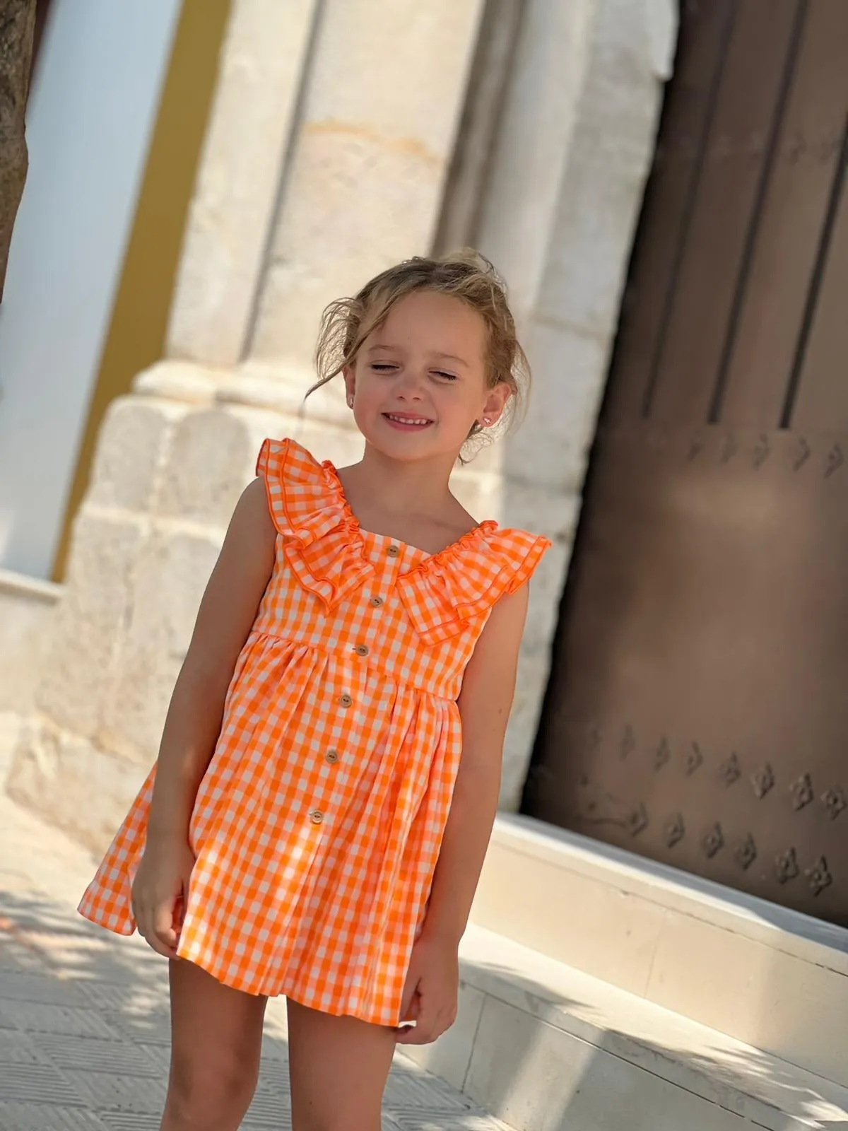 CLEARANCE SALE - El Copo Lililu SS24 - Girls Neon Orange Check Summer Dress