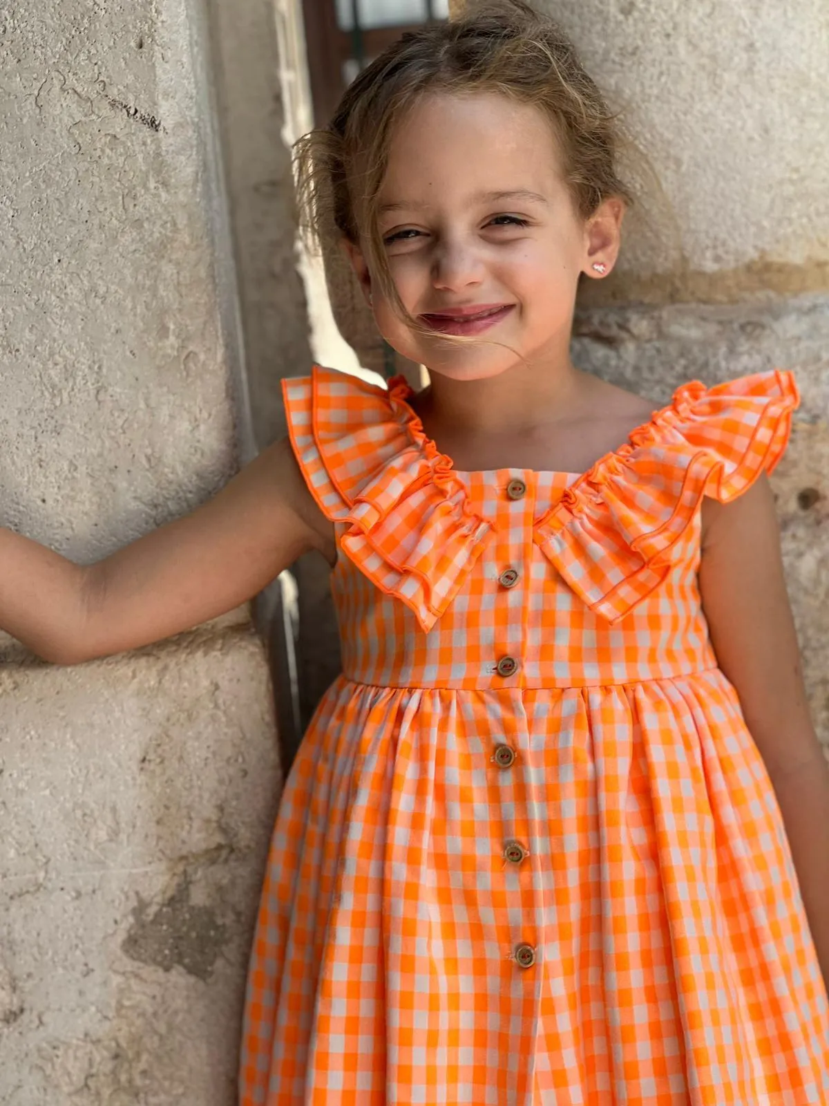 CLEARANCE SALE - El Copo Lililu SS24 - Girls Neon Orange Check Summer Dress