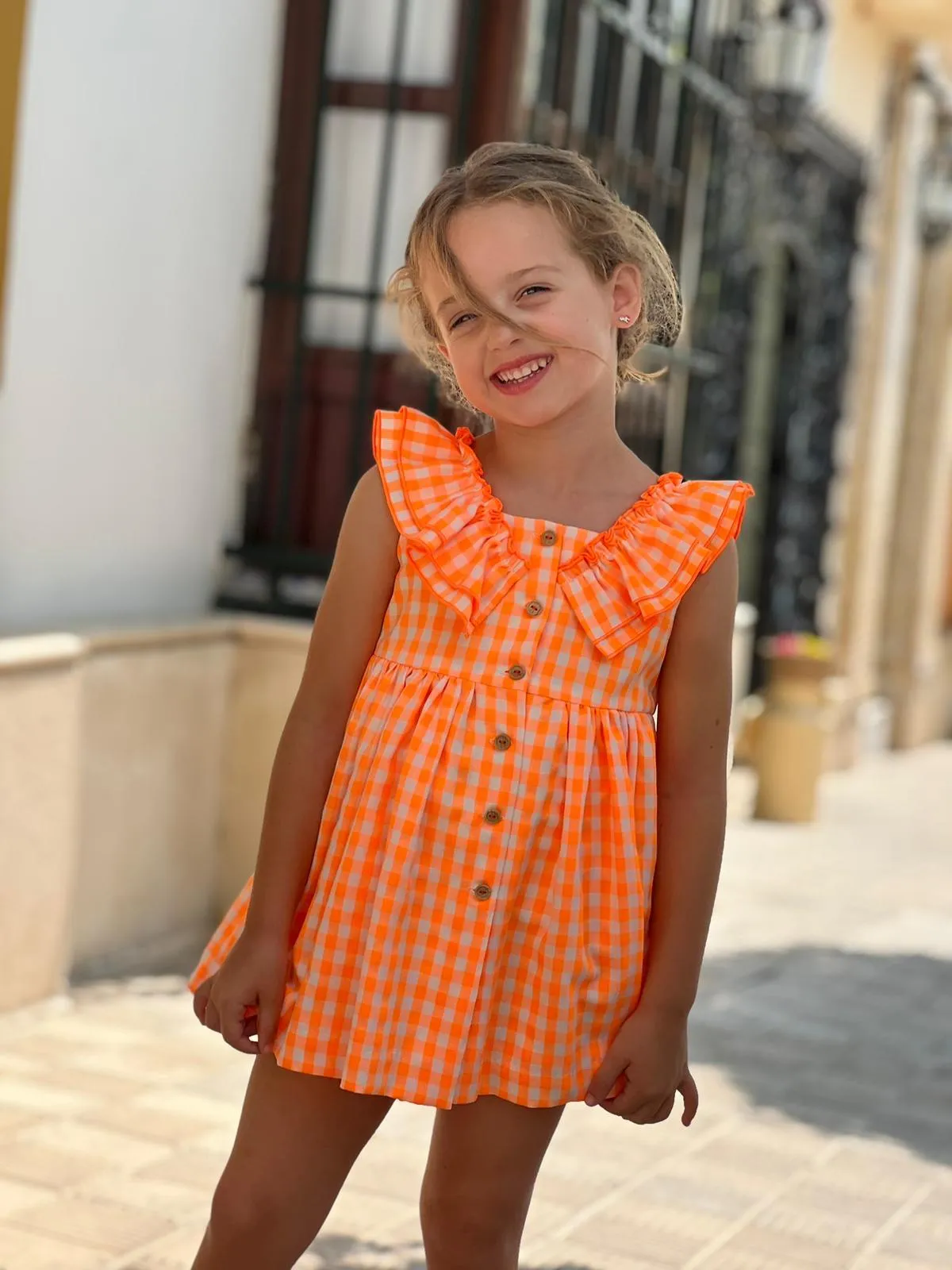 CLEARANCE SALE - El Copo Lililu SS24 - Girls Neon Orange Check Summer Dress