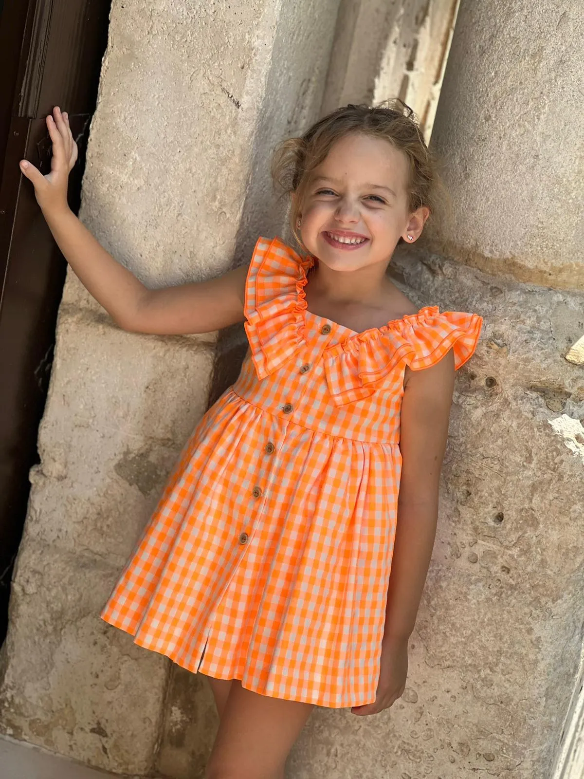 CLEARANCE SALE - El Copo Lililu SS24 - Girls Neon Orange Check Summer Dress