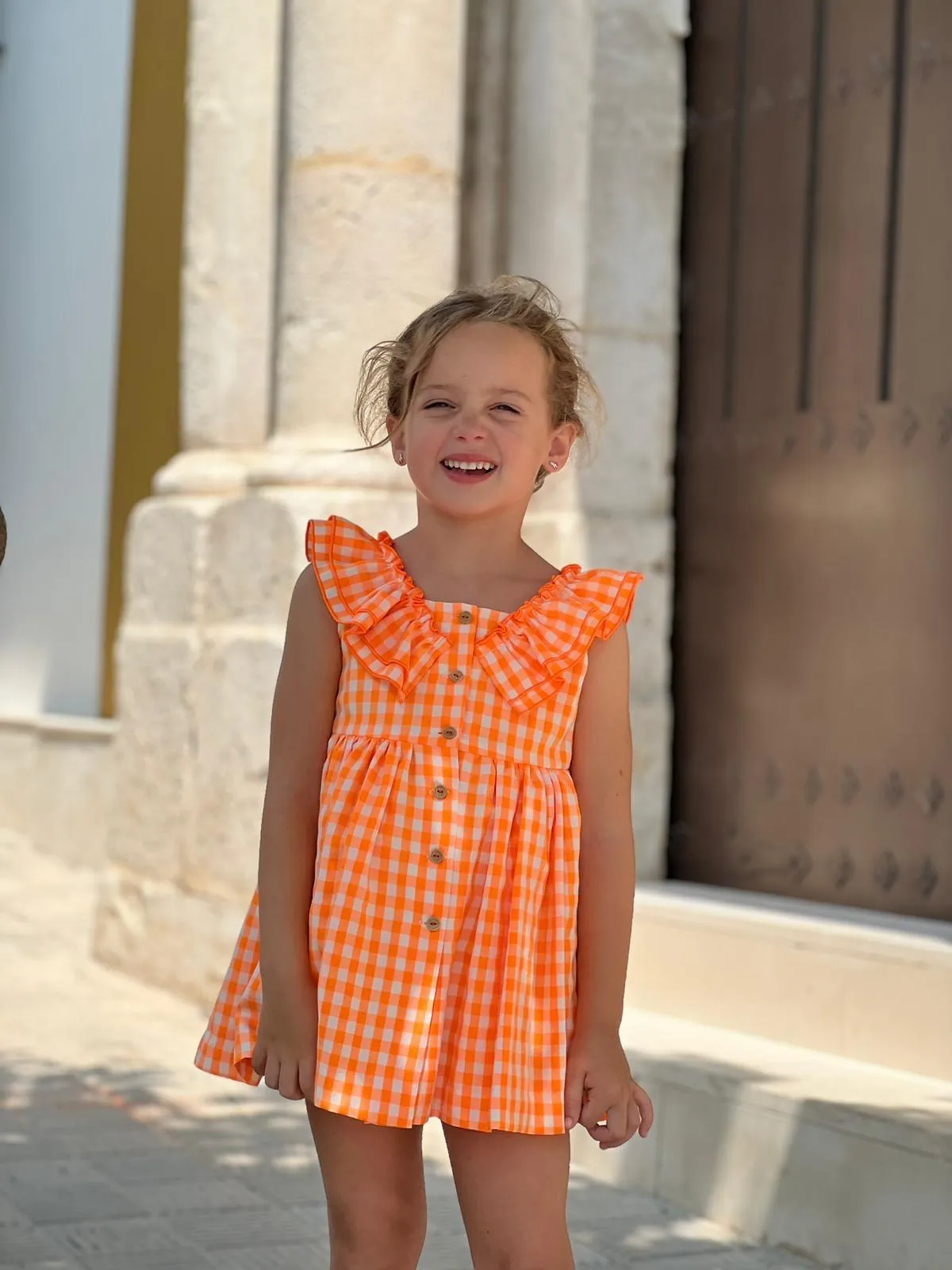 CLEARANCE SALE - El Copo Lililu SS24 - Girls Neon Orange Check Summer Dress