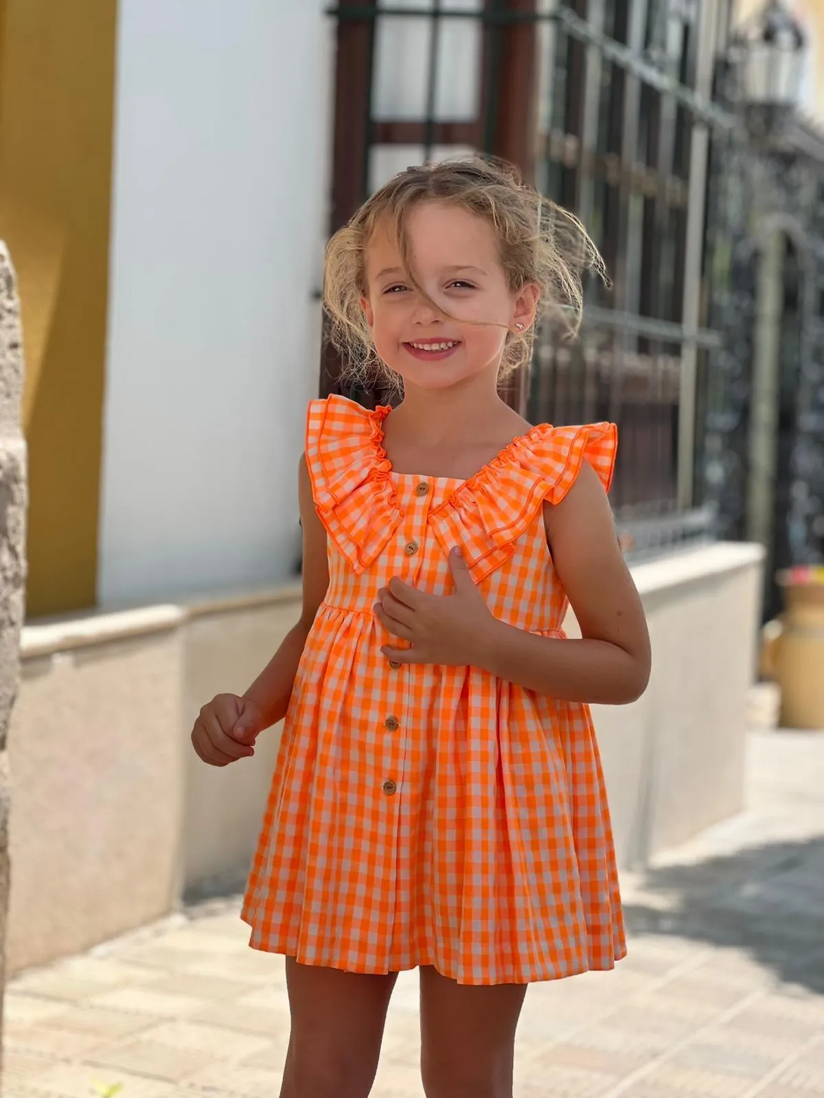 CLEARANCE SALE - El Copo Lililu SS24 - Girls Neon Orange Check Summer Dress