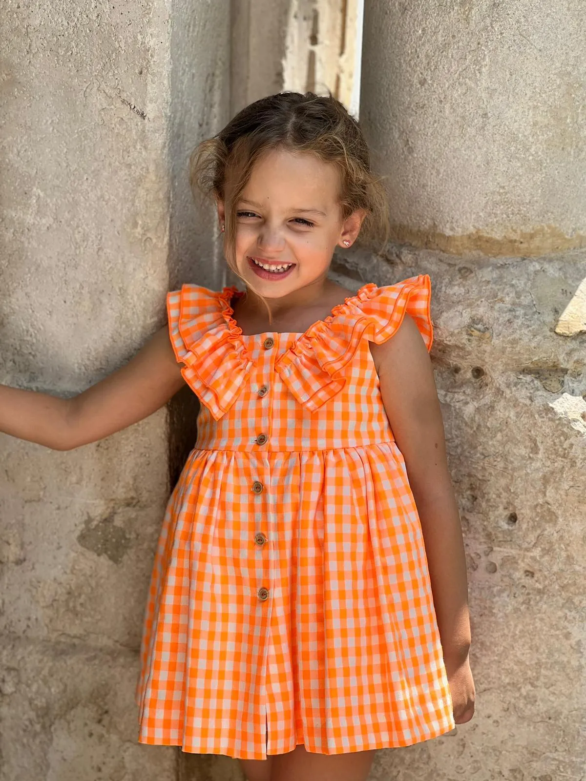 CLEARANCE SALE - El Copo Lililu SS24 - Girls Neon Orange Check Summer Dress