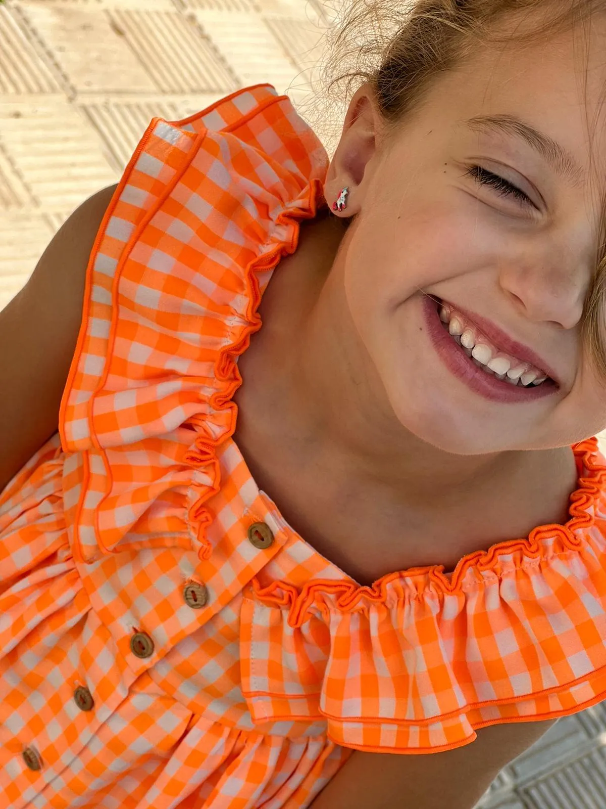 CLEARANCE SALE - El Copo Lililu SS24 - Girls Neon Orange Check Summer Dress