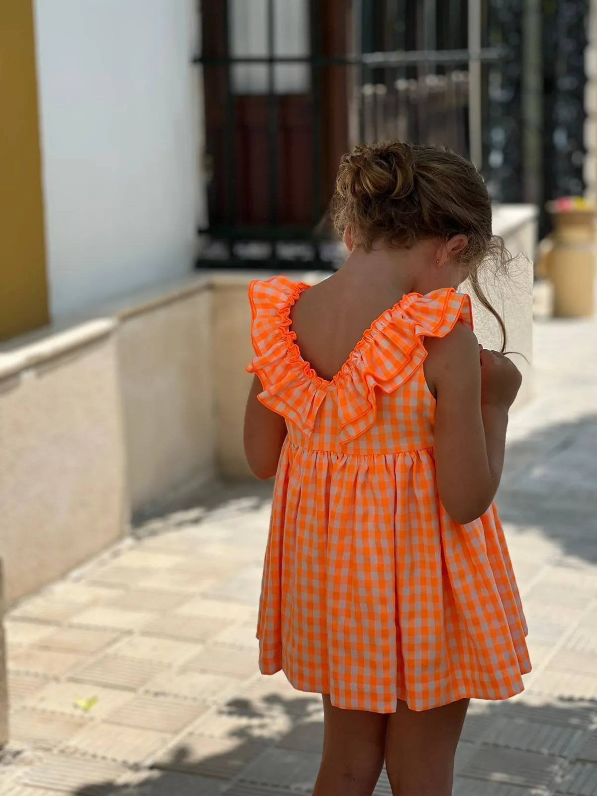 CLEARANCE SALE - El Copo Lililu SS24 - Girls Neon Orange Check Summer Dress