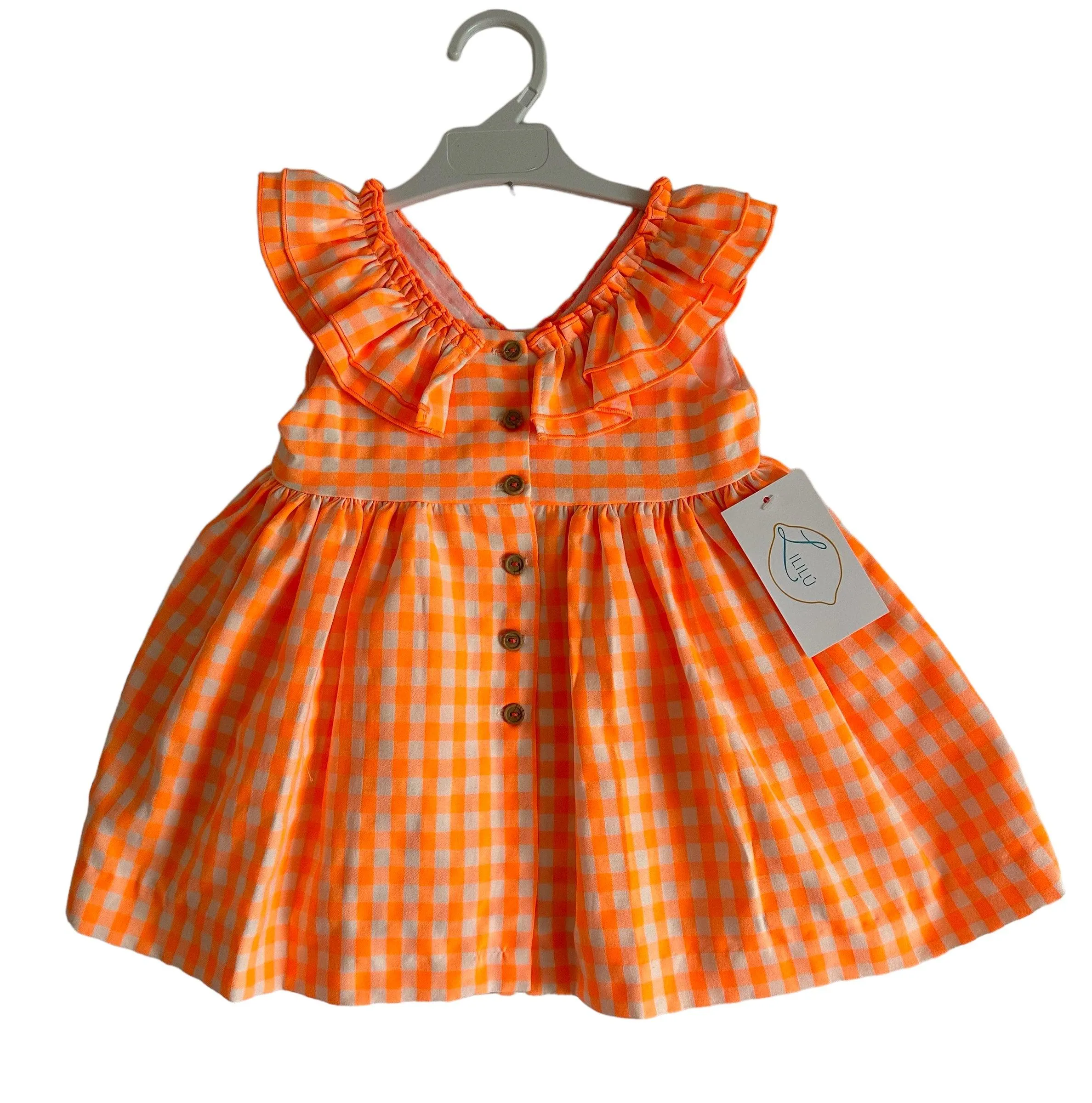 CLEARANCE SALE - El Copo Lililu SS24 - Girls Neon Orange Check Summer Dress