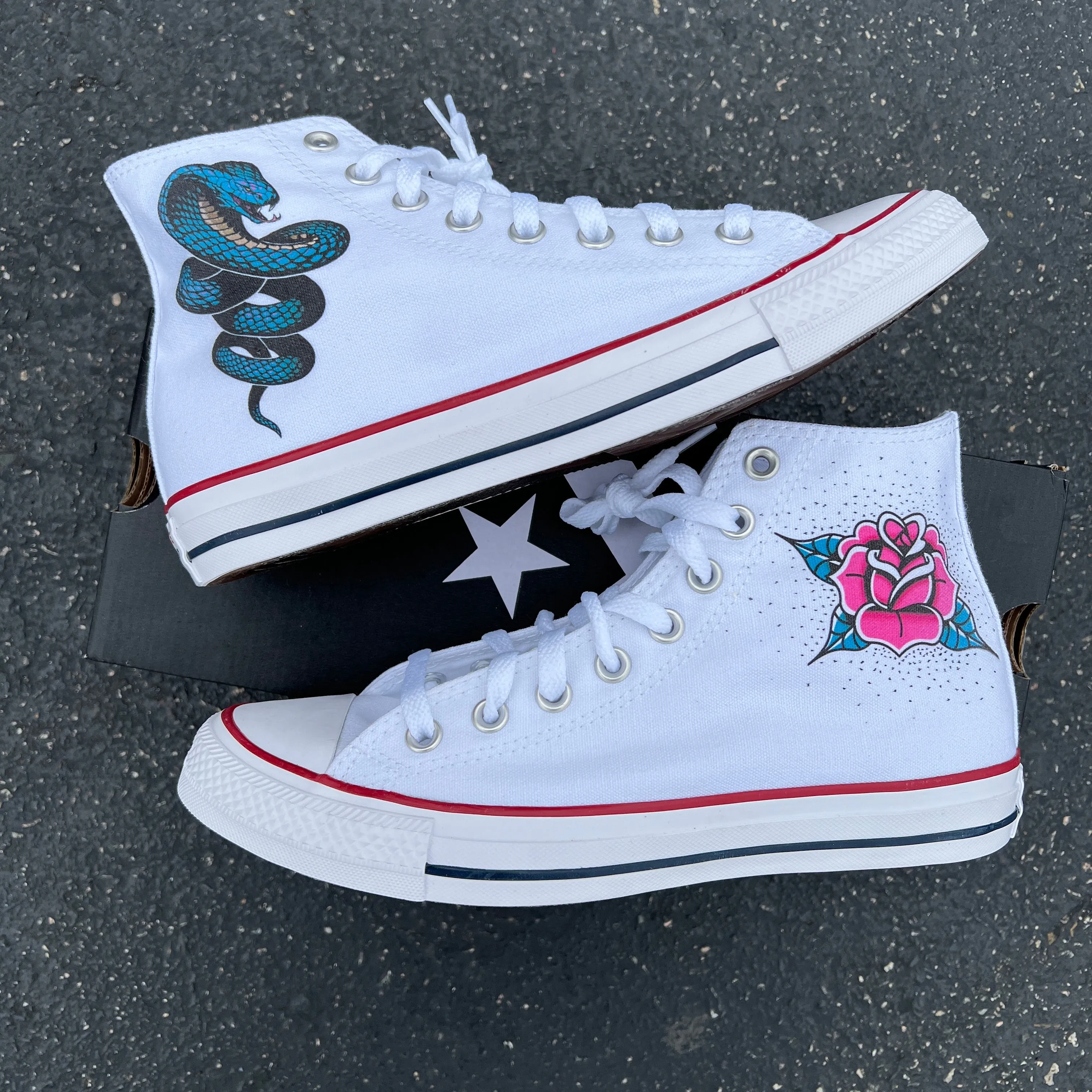 Cobra Snake Rose Flower Tattoo Themed Custom High Top Converse - Custom Converse Shoes