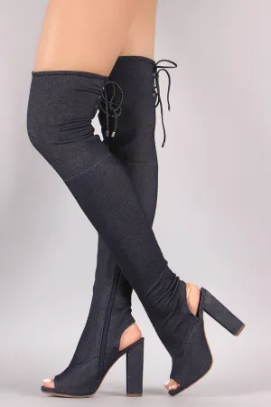 Delicious Back Lace Fitted Denim Peep Toe OTK Boots