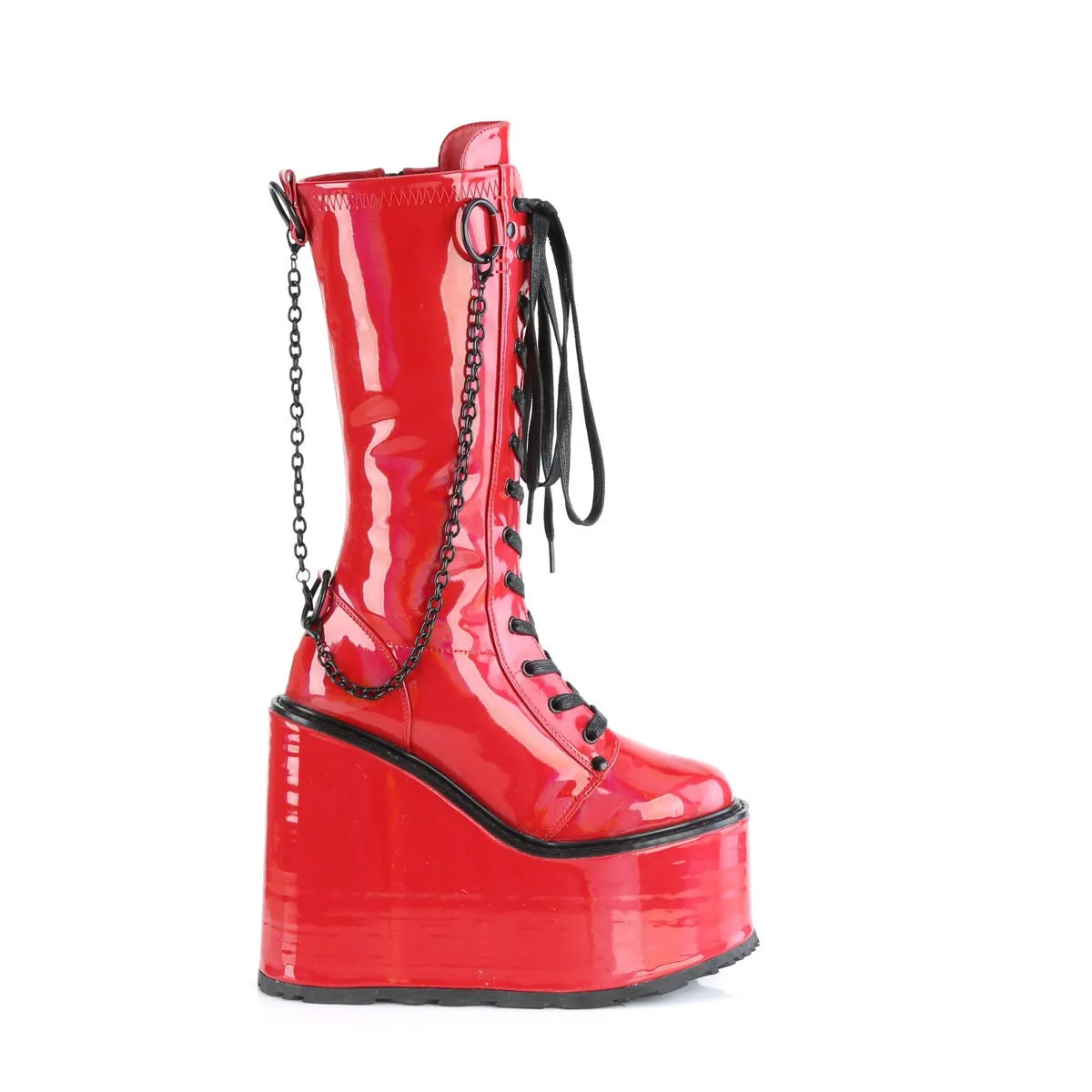 Demonia SWING-150 | Red Holo Stretch Pat. Leather Knee High Boot