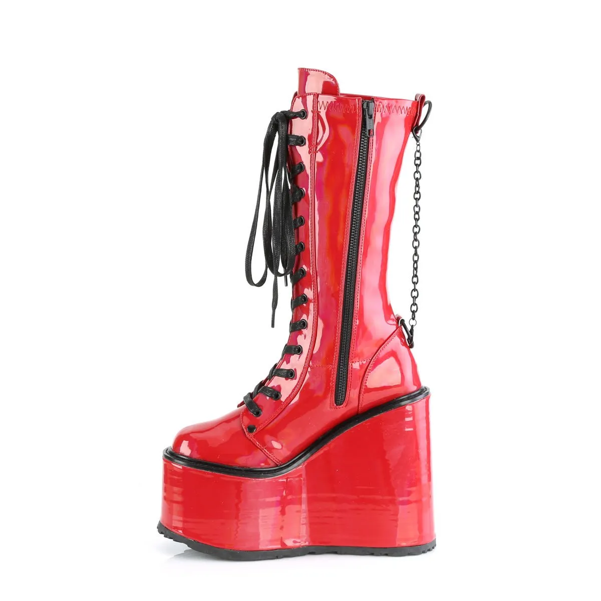 Demonia SWING-150 | Red Holo Stretch Pat. Leather Knee High Boot