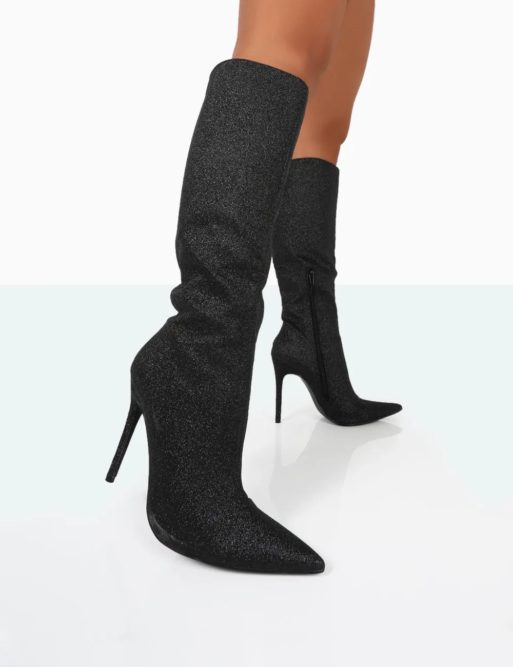 Diva Black Glitter Pointed Toe Stiletto Knee High Boots