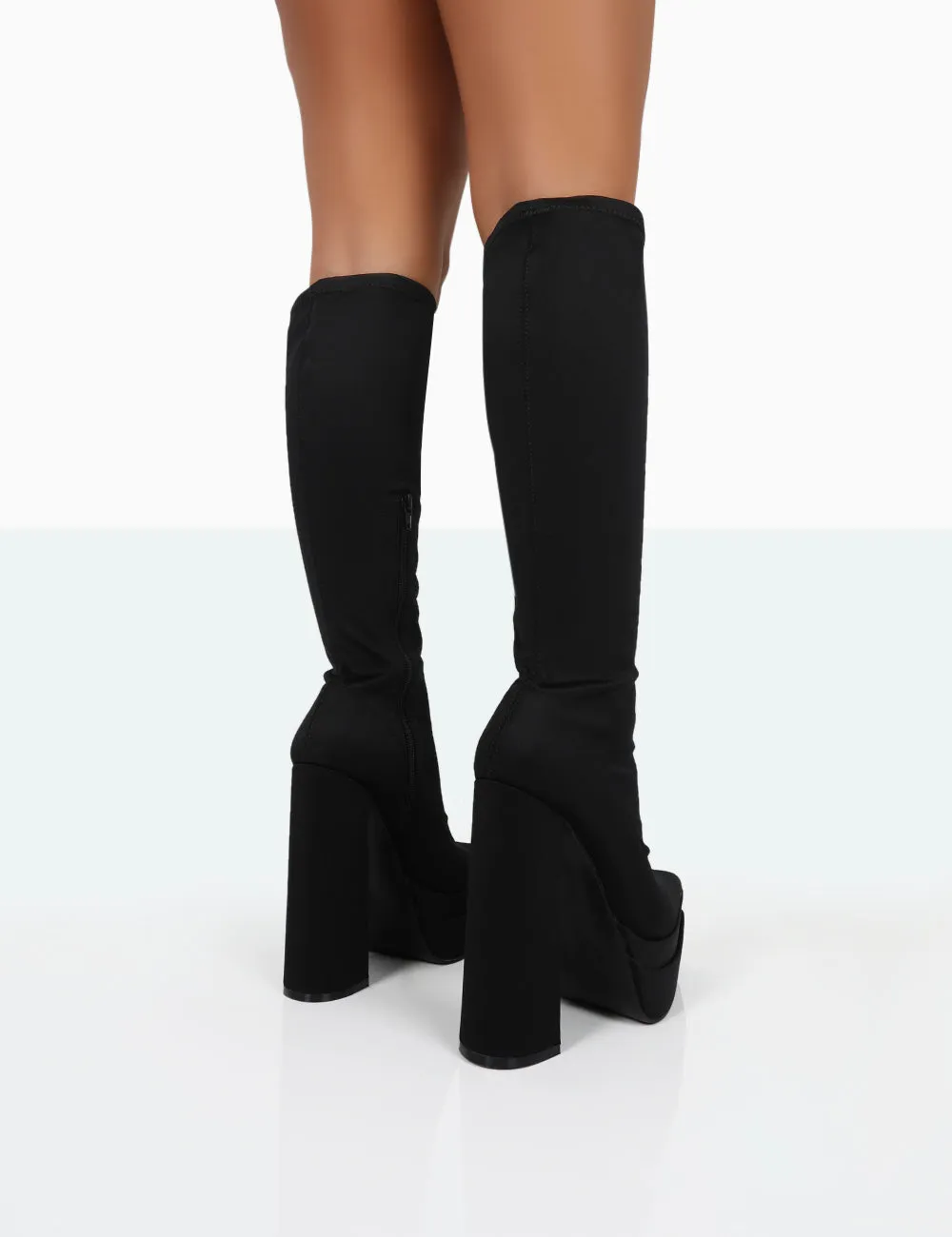 End Game Black Lycra Platform Pointed Toe Block Heel Knee High Boots