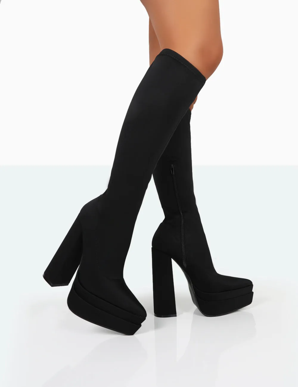 End Game Black Lycra Platform Pointed Toe Block Heel Knee High Boots