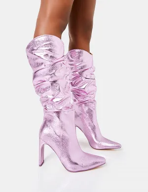 Manhattan Metallic Pink Pointed Toe Knee High Narrow Block Heel Boots