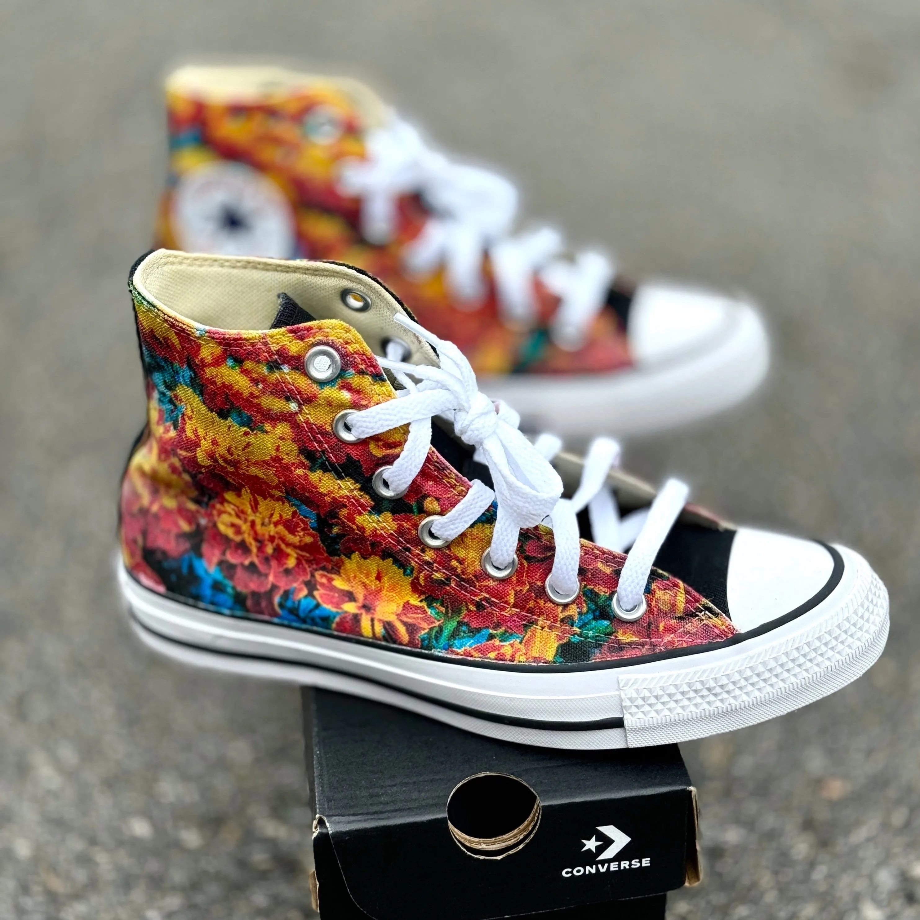 Marigold Flower Field on Black Converse High Top Chuck Taylor Shoe