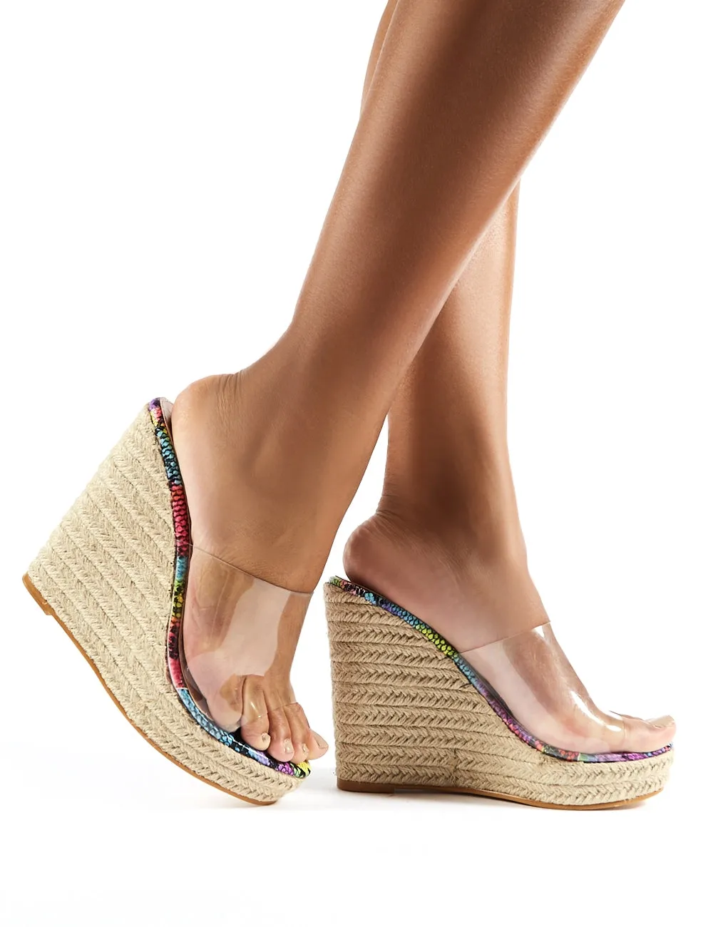 Pacha Espadrille Wedge Heeled Mules in Snake Print