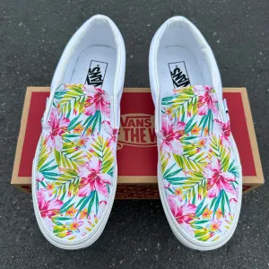 Pink Tropical Hibiscus Plumaria - Custom Vans White Slip On Shoes