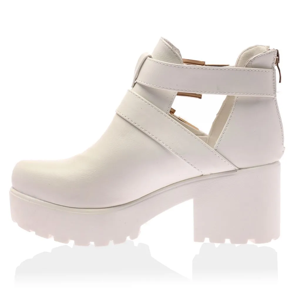 Pip White PU Cut Out Double Buckle Boots