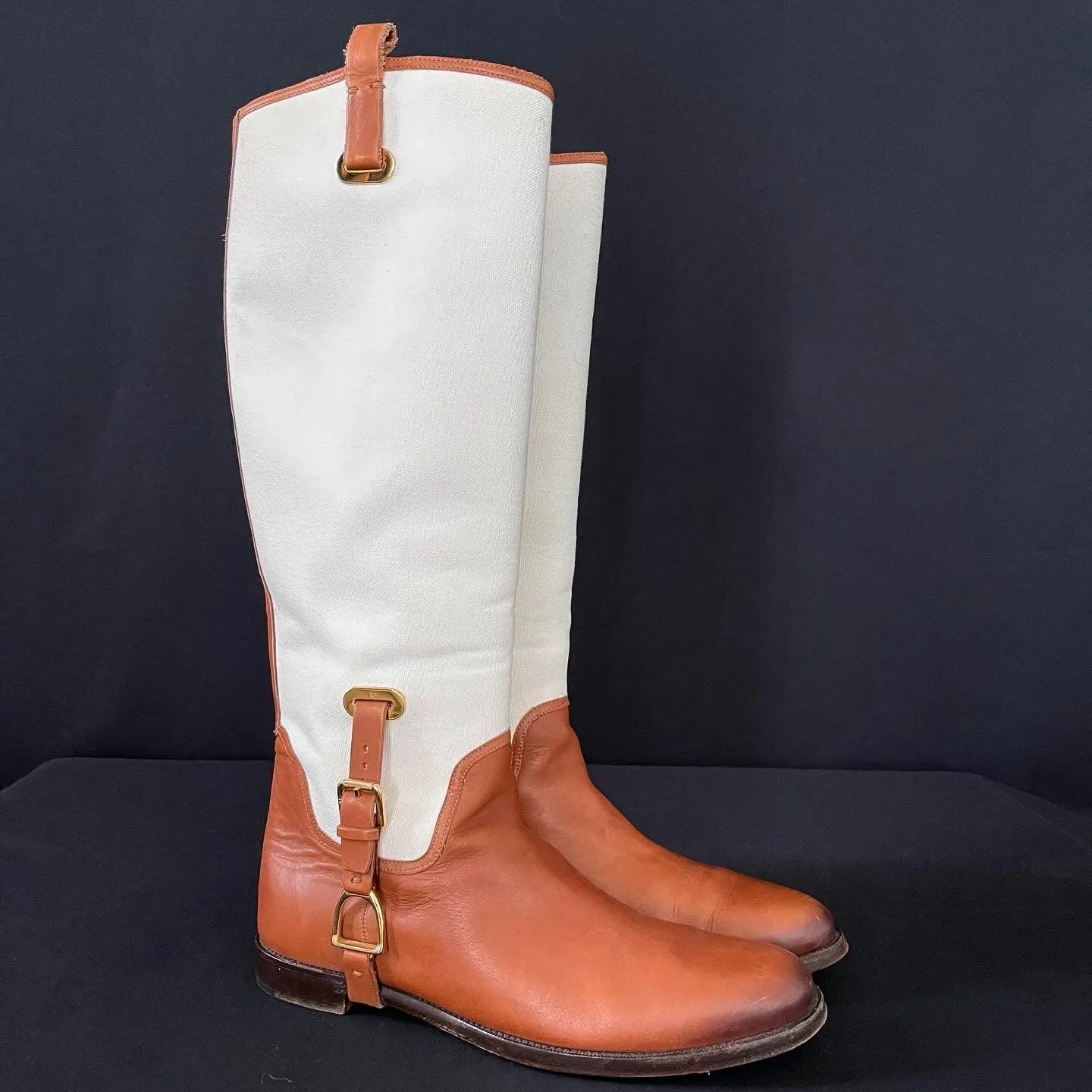 RALPH LAUREN Tan/White Canvas and Leather Riding Knee High Boots