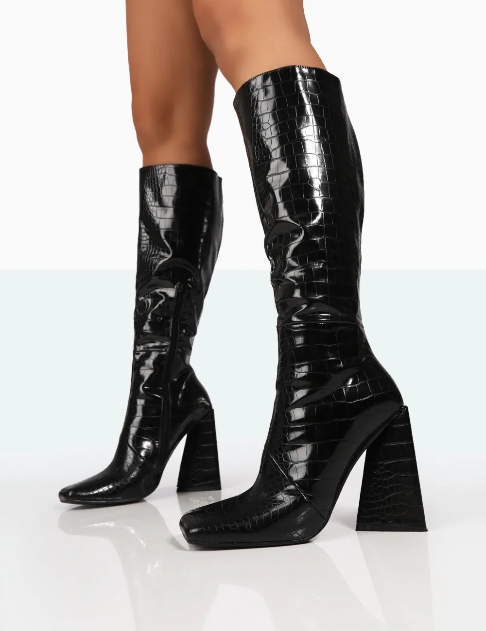 Senna Wide Fit Black Patent Croc Knee High Block Heeled Boots