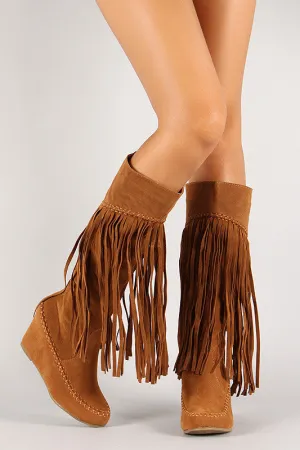 Suede Fringe Knee High Wedge Boot