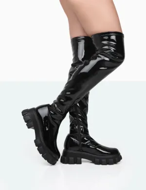 Take Chances Black Patent Chunky Sole Knee High Boots