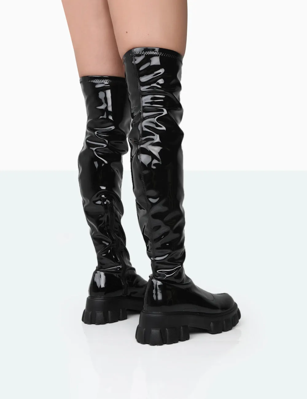 Take Chances Black Patent Chunky Sole Knee High Boots