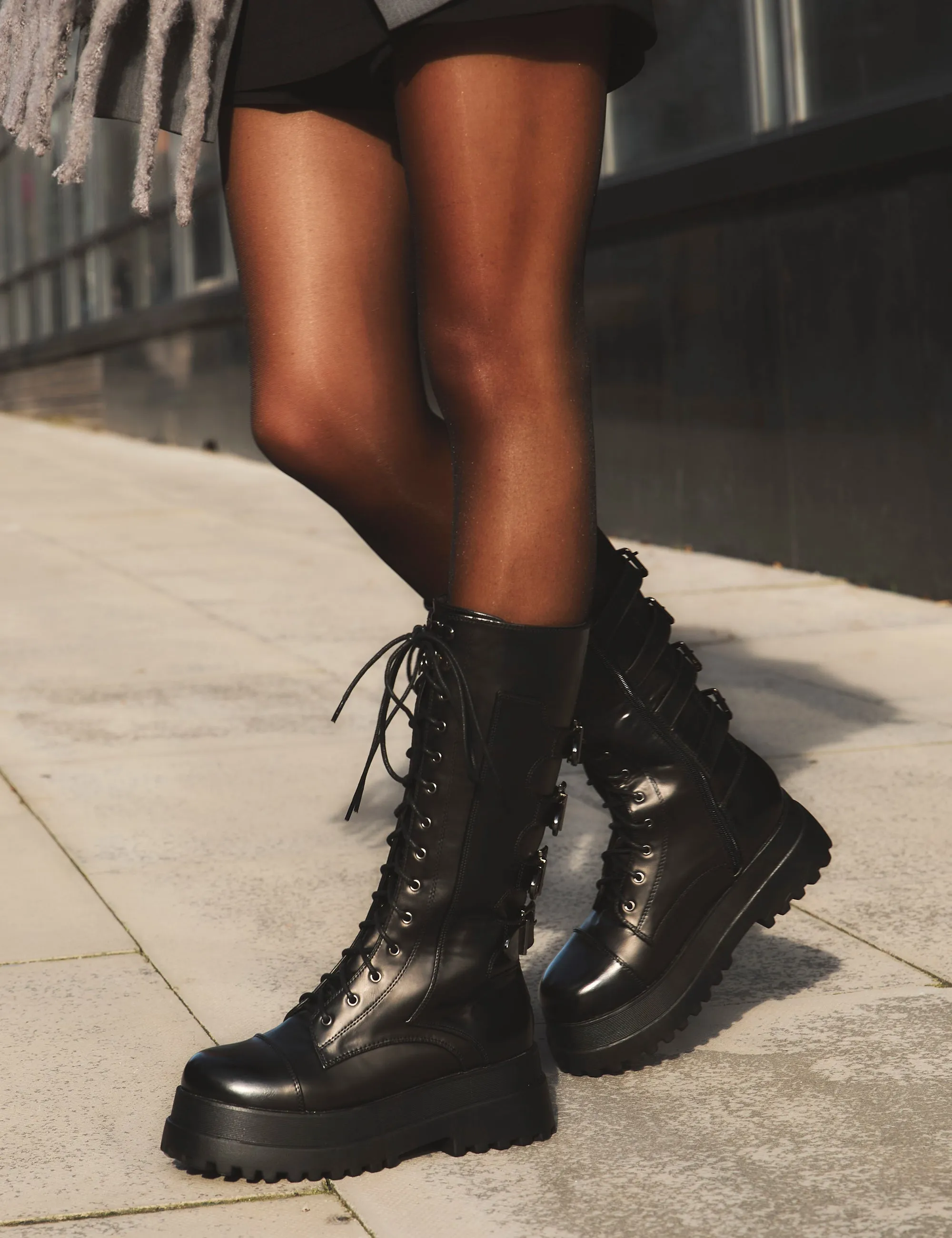 Vex Black Multi Buckle Detail Lace Up Knee High Boots