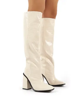 Zina Beige Croc Square Toe Block Heeled Knee High Boots